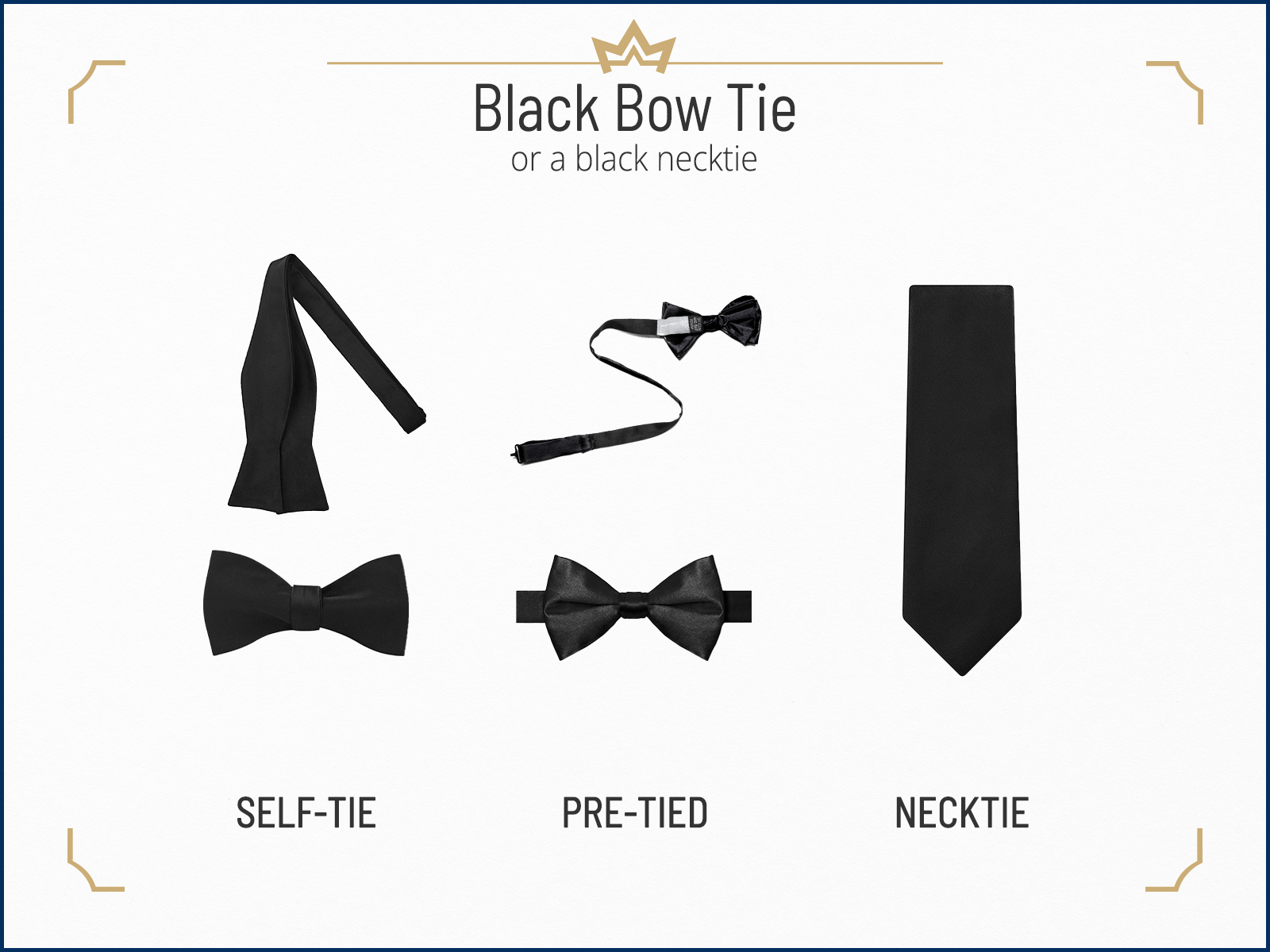 Black bow tie and black tie styles acceptable for black-tie events
