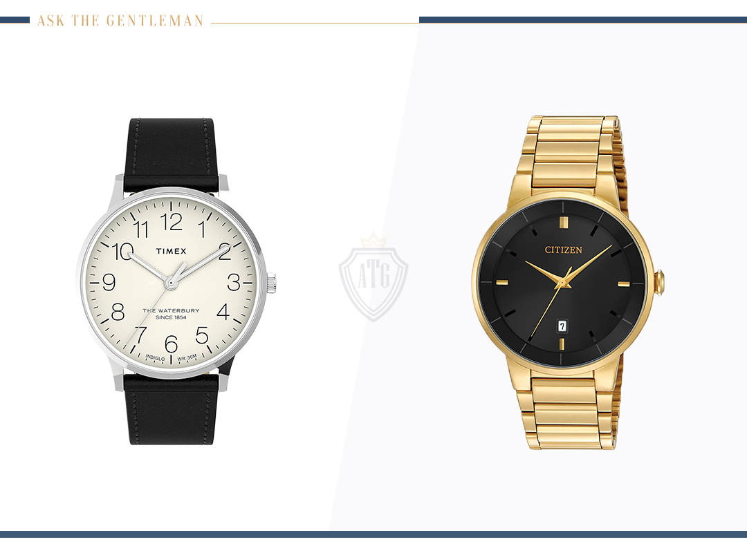 Black leather dress watch vs. gold metal watch