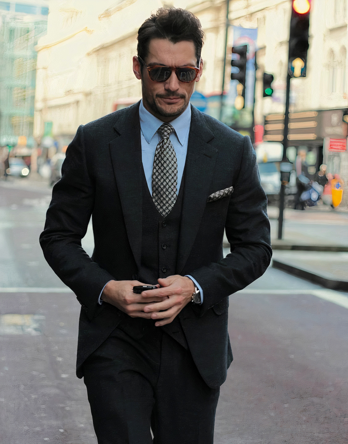 Black suit, blue dress shirt, and black/tan check tie