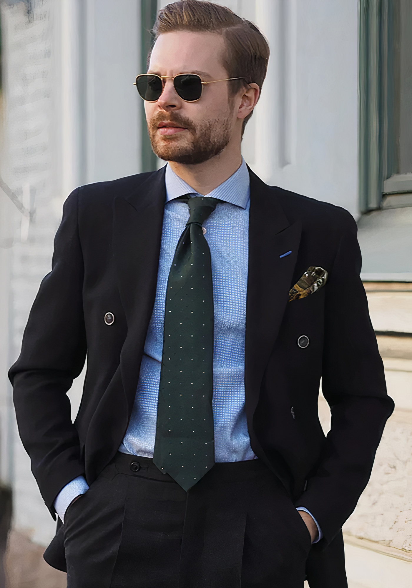 blue shirt and green tie