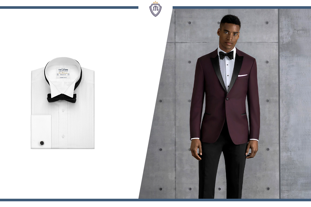 Black-tie attire: burgundy tuxedo with black bow tie and white shirt