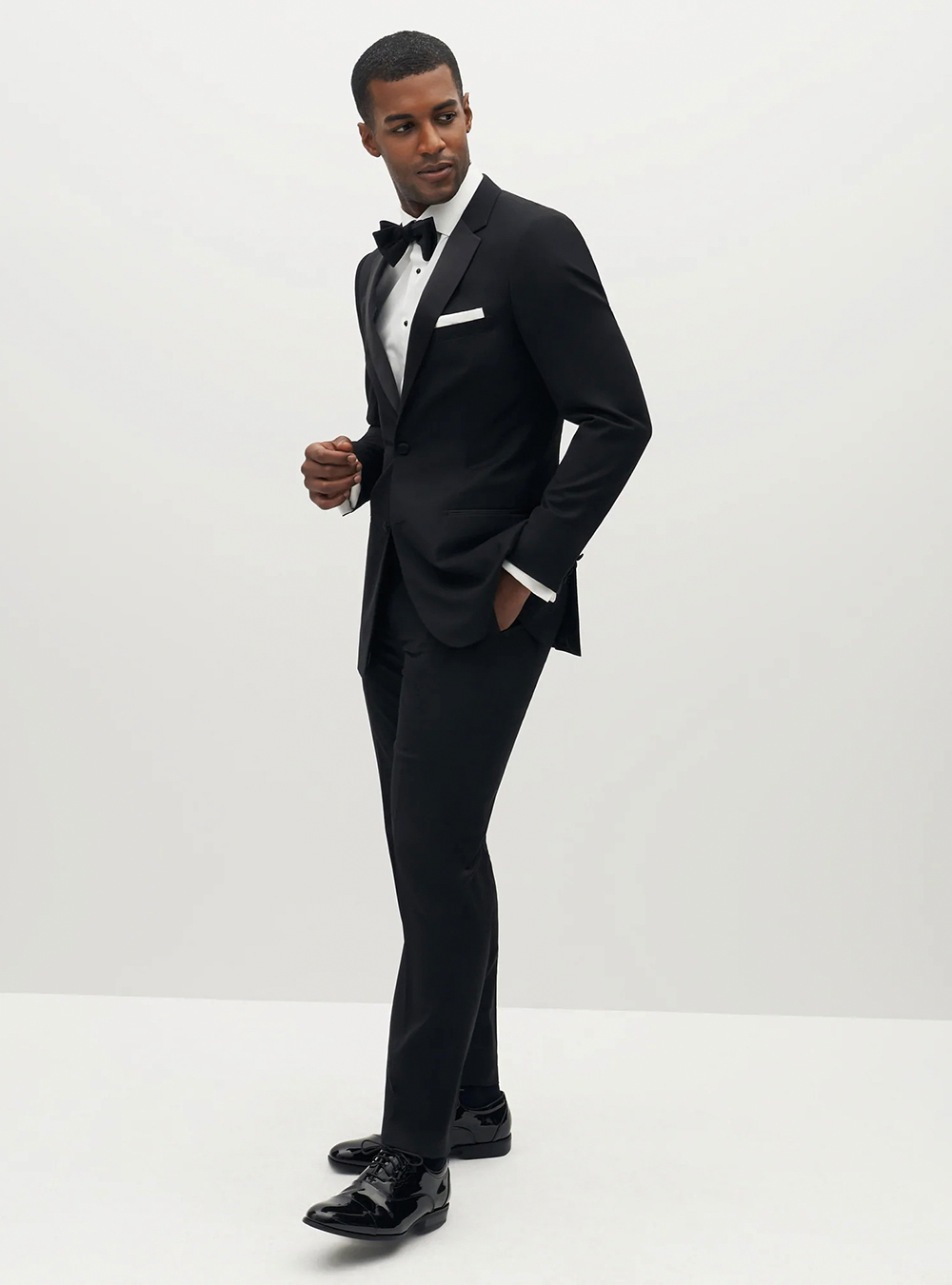 Black tuxedo with plain-toe Oxford shoes