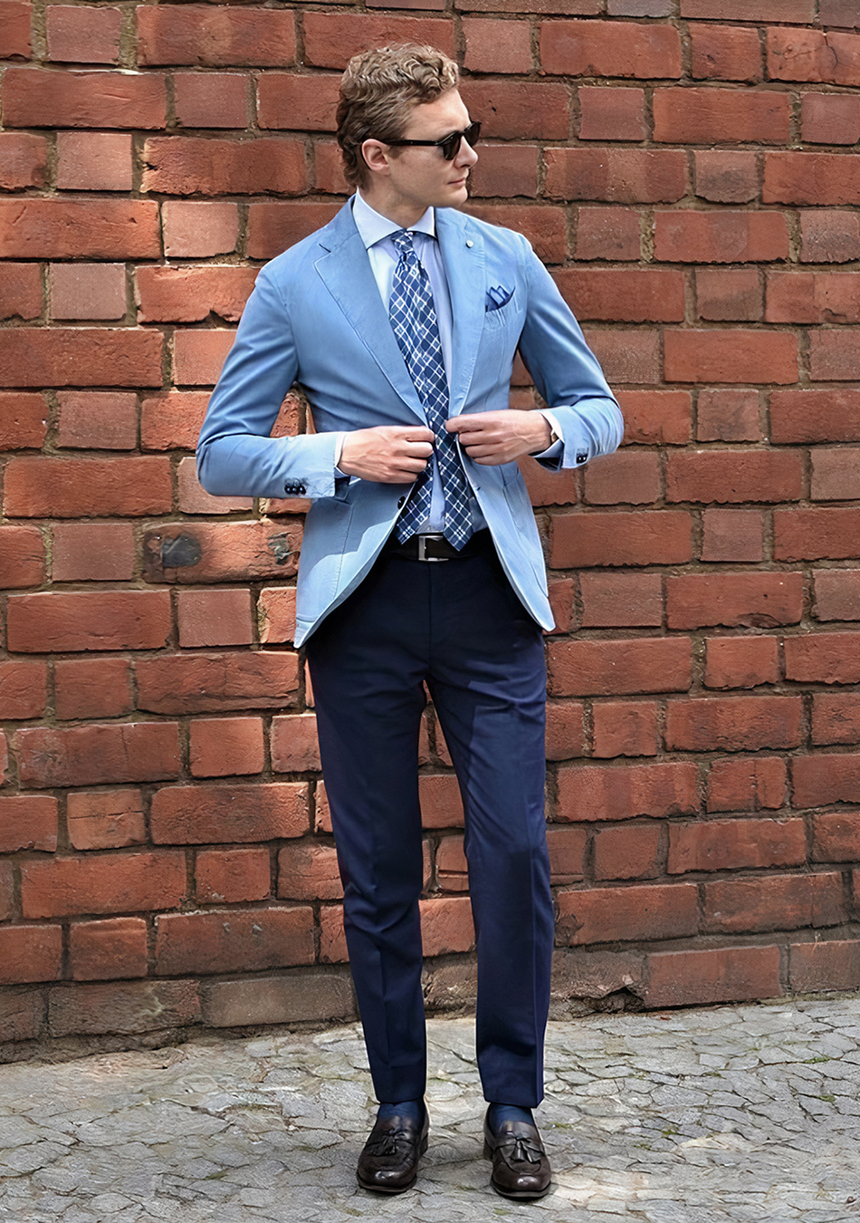 blue blazer, light blue shirt, and brown loafers