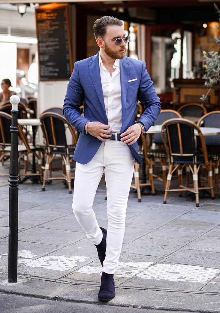 Blue blazer, white dress shirt, white jeans, and navy suede Chelsea
