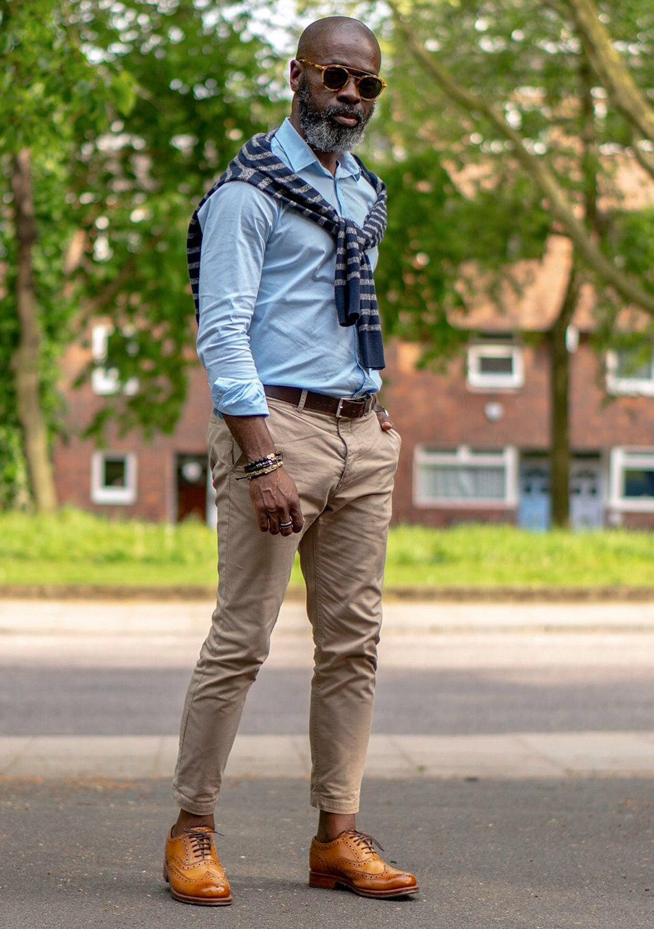 Blue shirt, tan chino pants, and tan brogue Oxfords