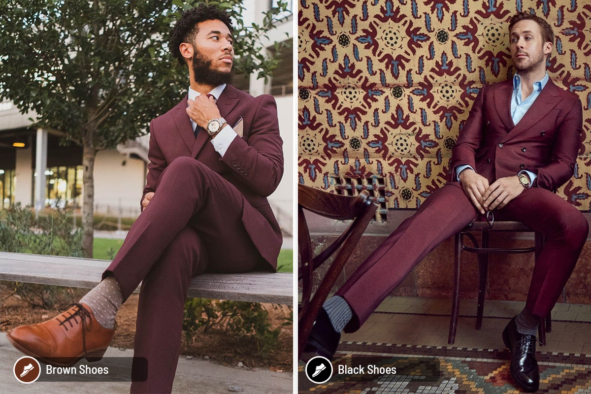 Brown and black shoes match with a burgundy suit