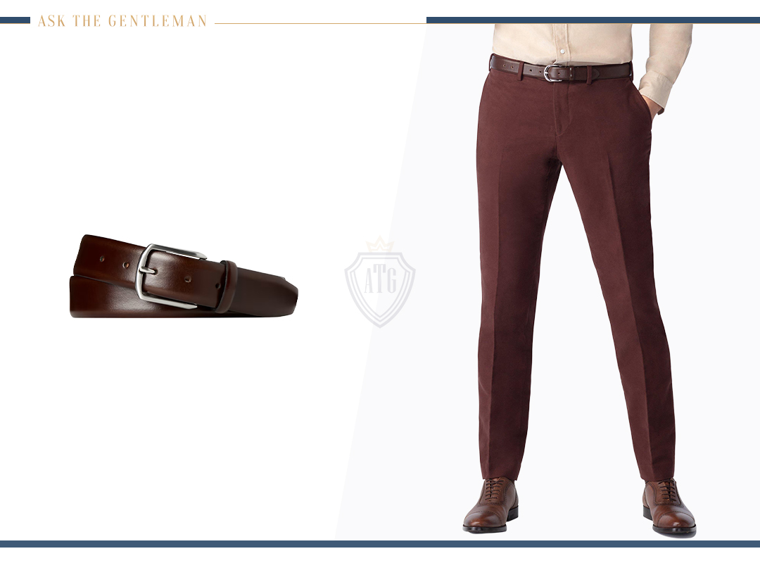 Brown belt and brown dress shoes with maroon dress pants
