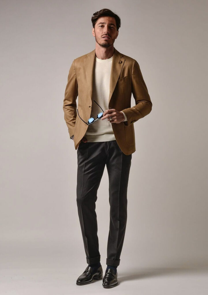 Brown blazer, tan crew neck sweater, black pants, and black loafers