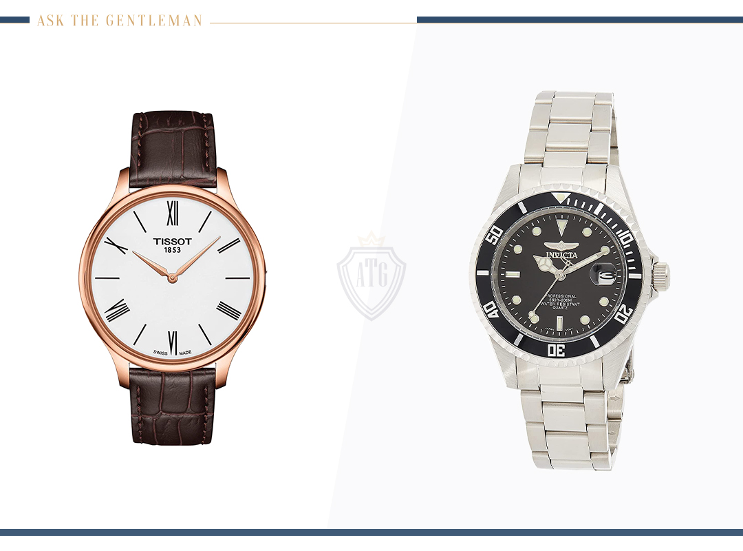 Brown leather dress watch vs. metal watch