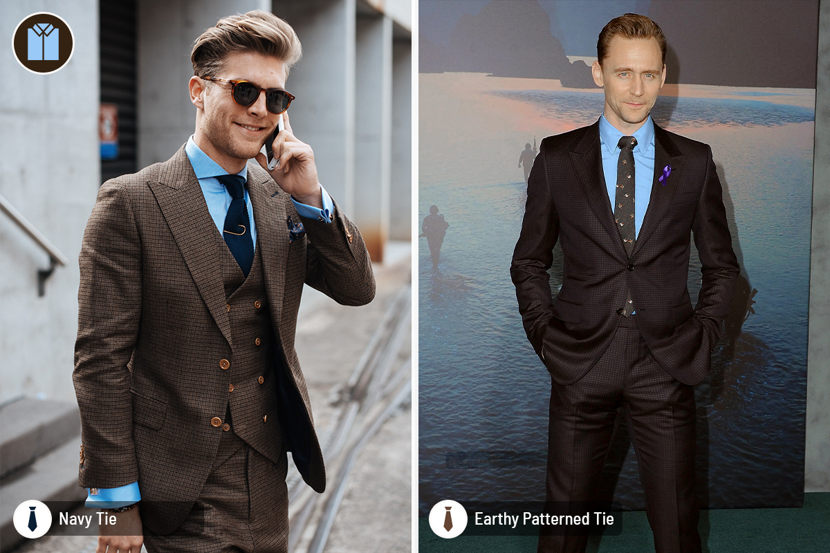 Brown suit, blue shirt, and ties color combinations 