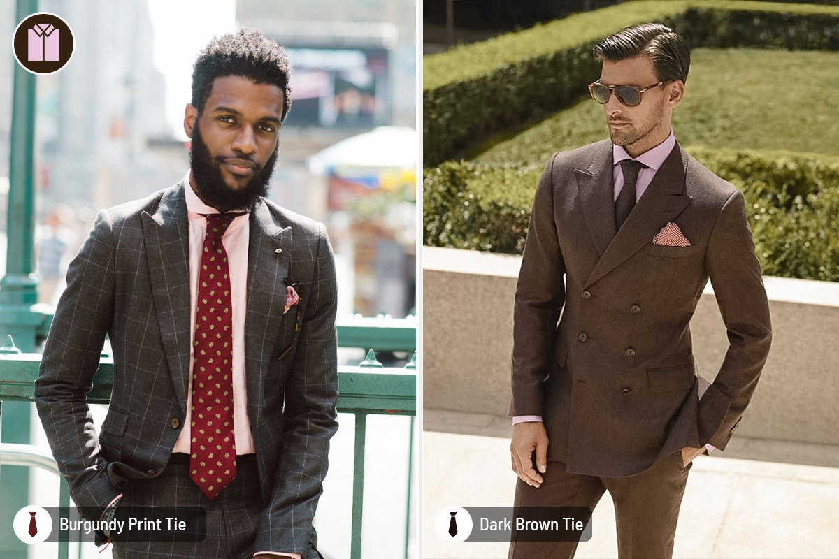 Brown suit, pink shirt, and ties color combinations 