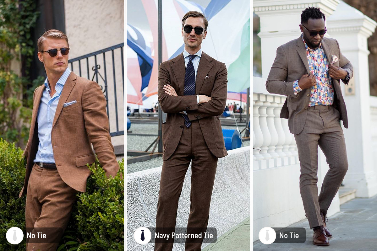 Brown suit, patterned shirts, and ties color combinations