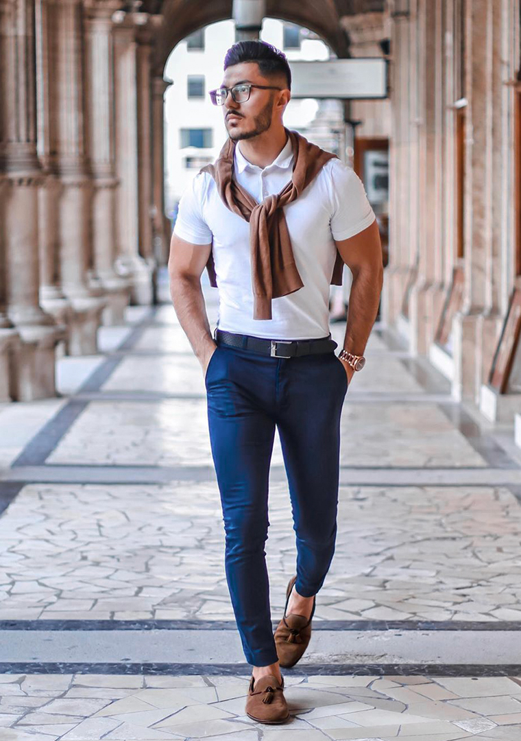 Blue chinos and brown suede loafers