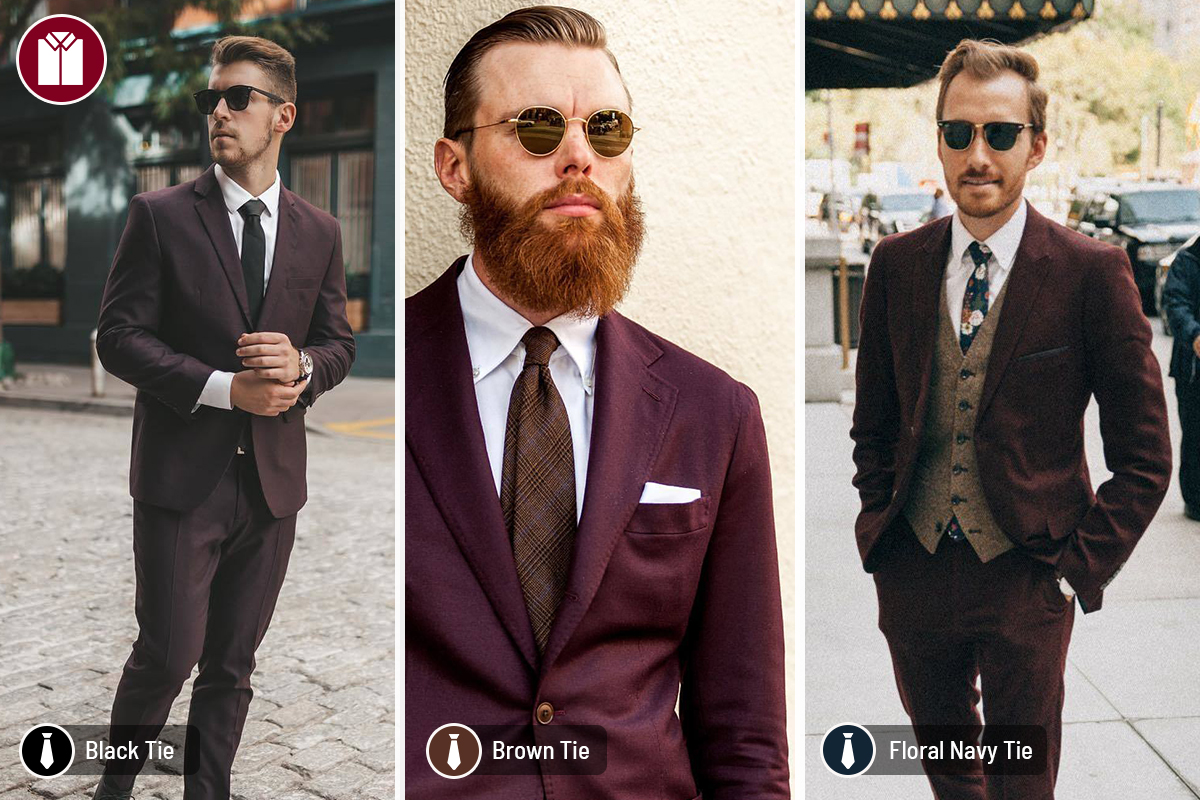 Burgundy suit color combinations with a white shirt and black, brown, and floral tie