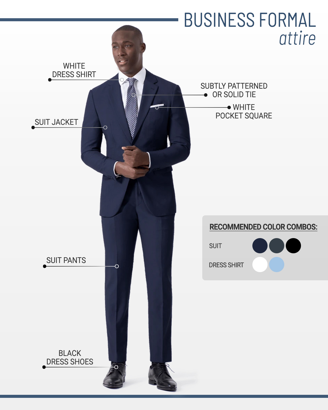 Business formal occasions require wearing a suit