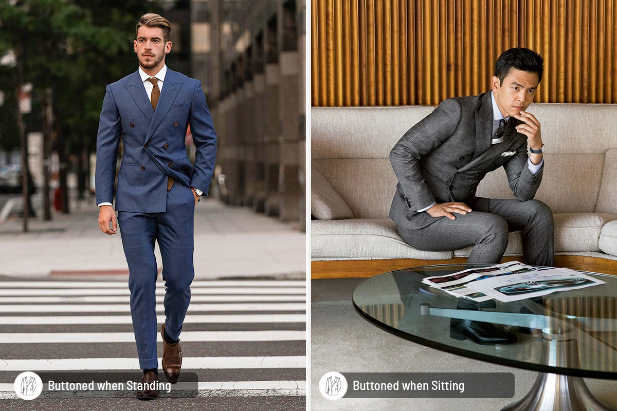 Buttoned double-breasted suit: standing vs. sitting