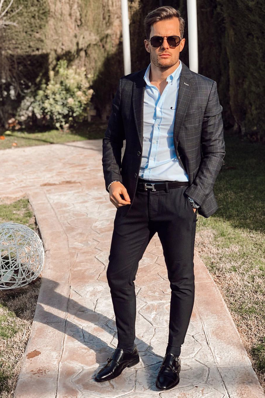 Charcoal blazer, light blue shirt, black chino pants and black monk straps