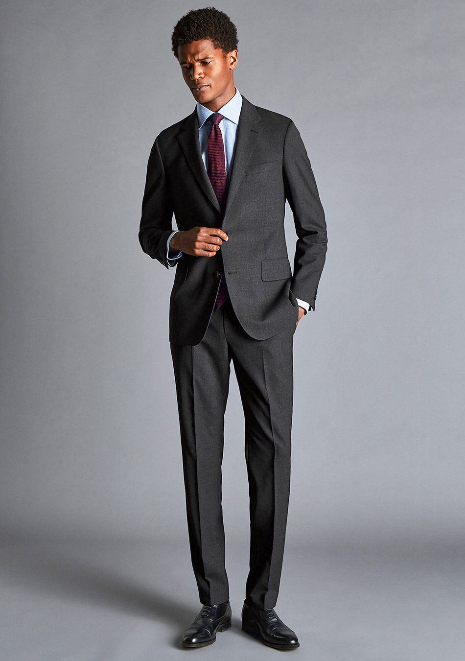 Charcoal grey suit sales with black shirt