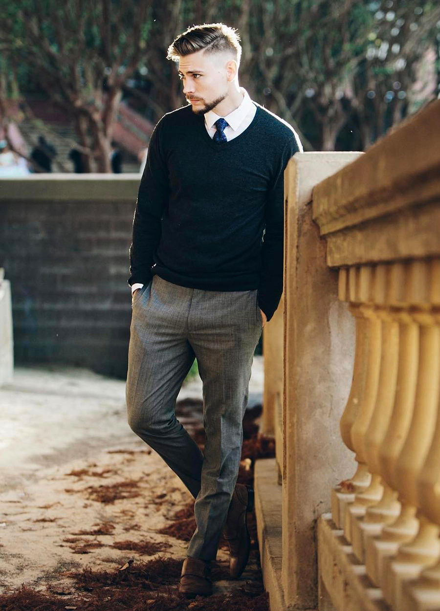 Charcoal v-neck sweater, white shirt, and navy tie