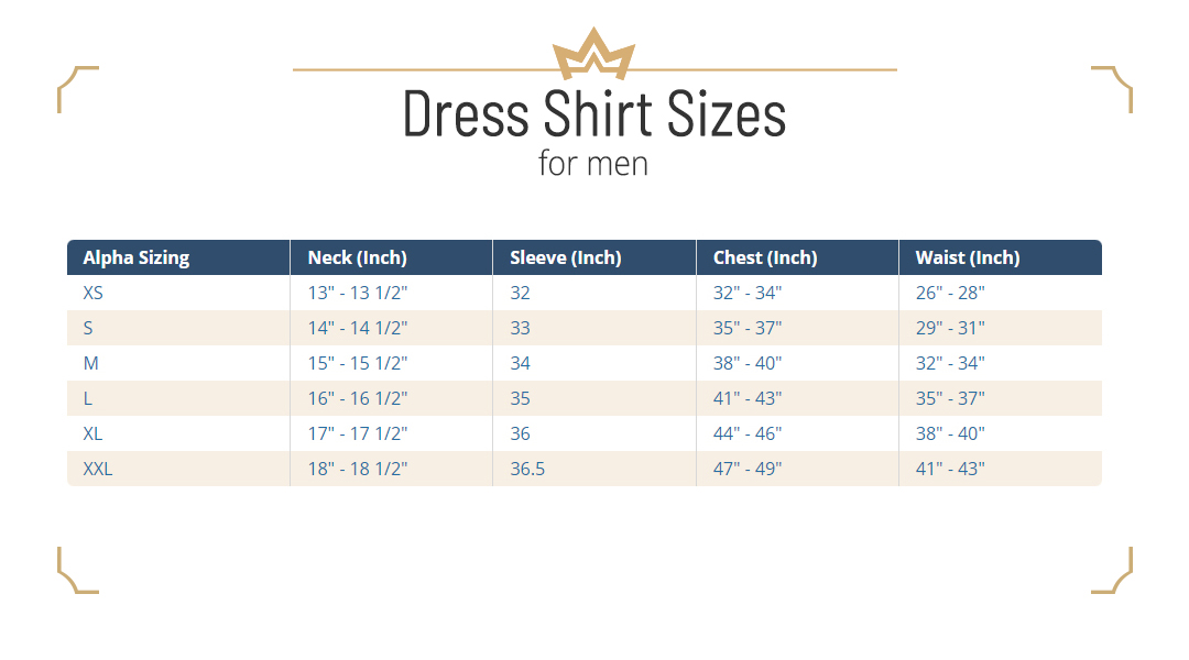 Different dress shirt sizes for men chart: alpha vs. numerical sizing
