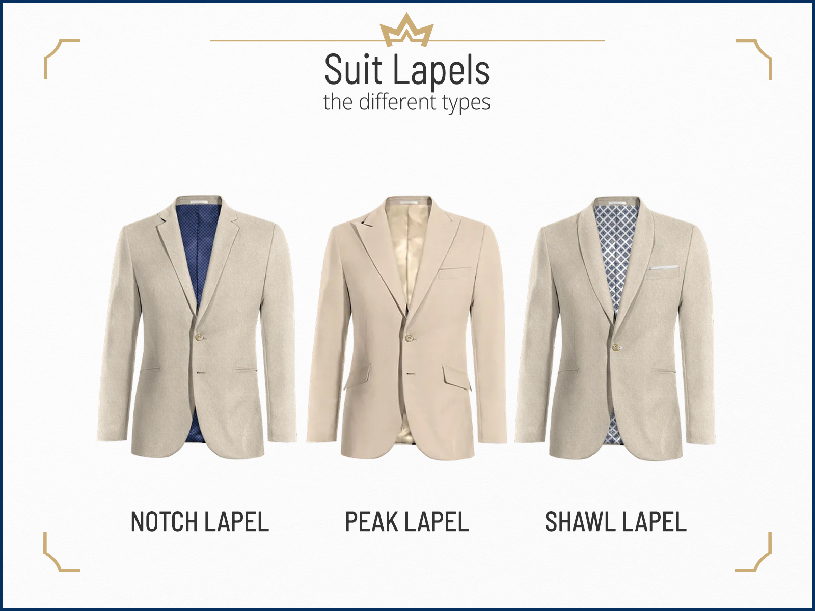 Different suit jacket lapel types: notch lapel vs. peak lapel vs. shawl lapel