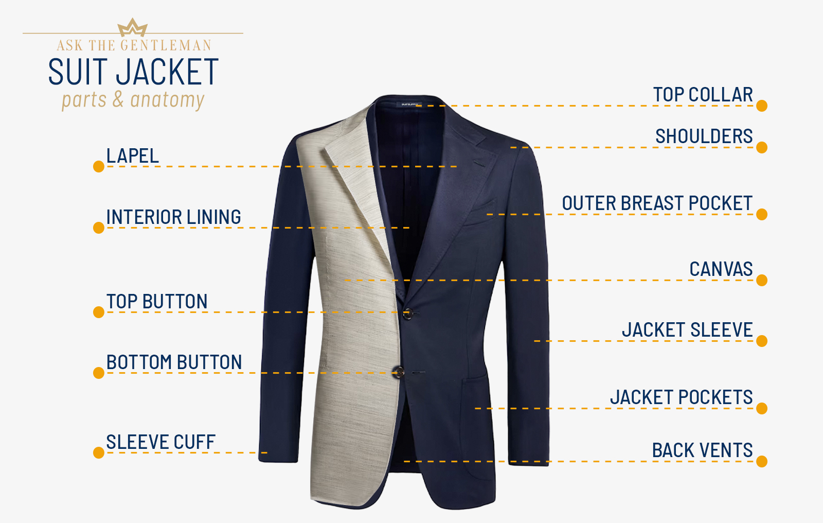 Different suit jacket parts and anatomy