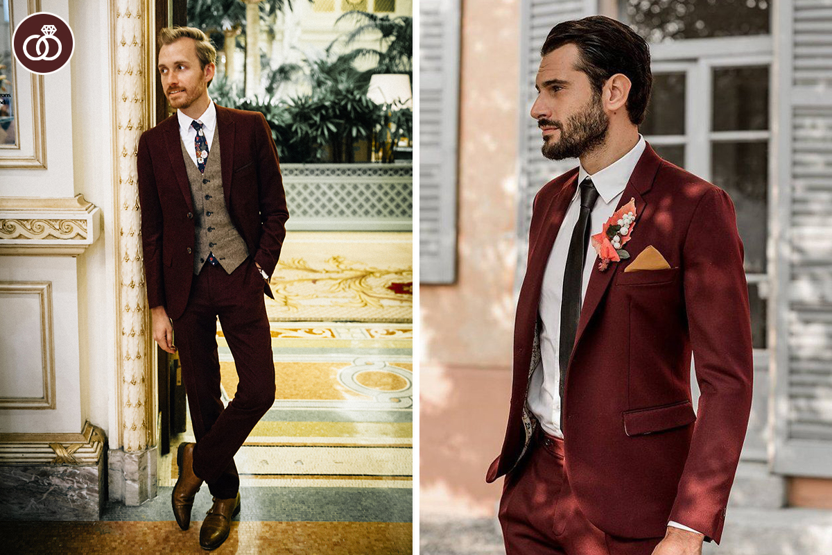 Different ways to wear a maroon suit at a wedding for the groom