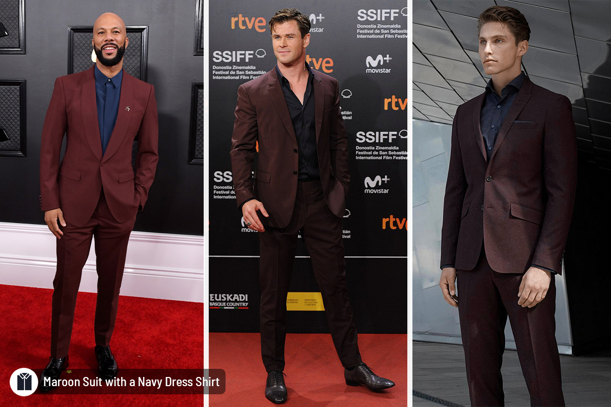Different ways to wear a maroon suit with a navy shirt