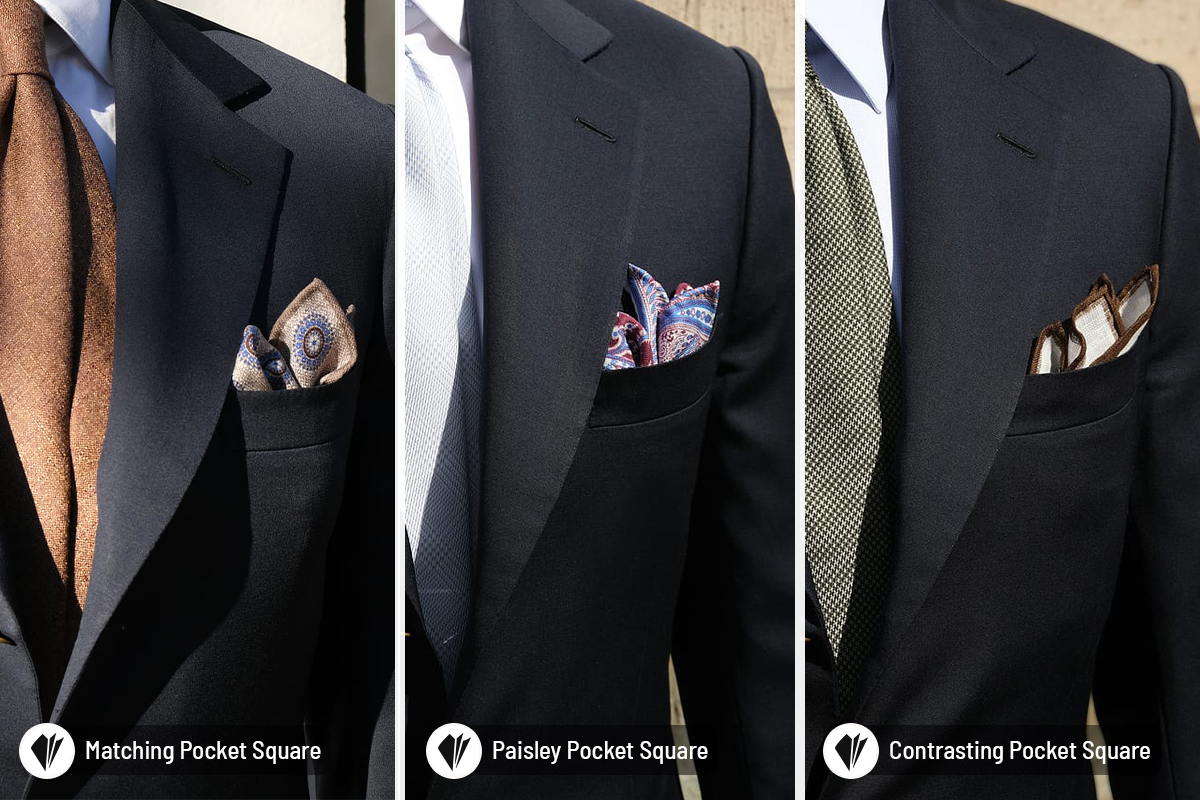 Different ways to wear a pocket square with a black suit: matching vs. contrasting vs. paisley pocket square