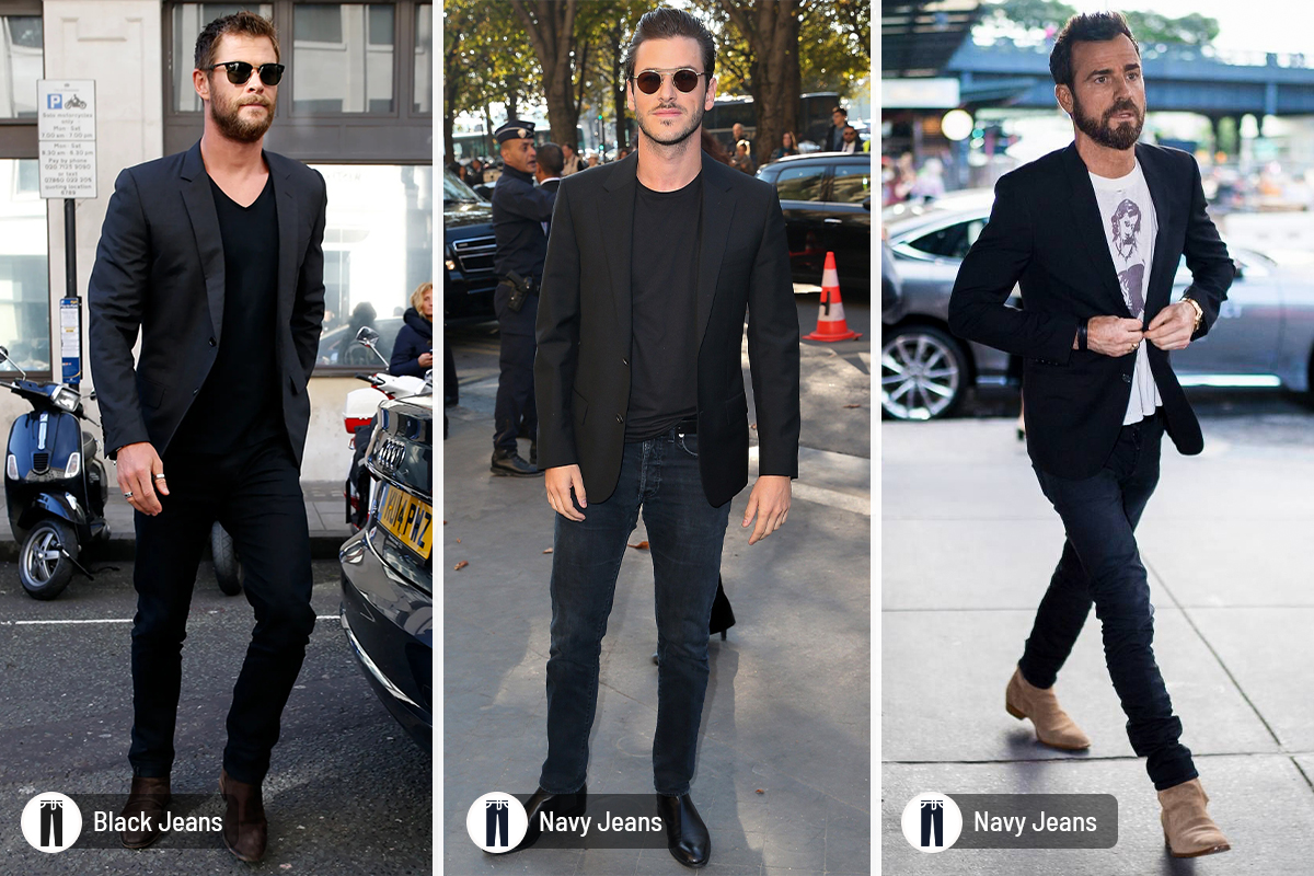 Different ways to wear the black jacket casually: black jeans and navy jeans