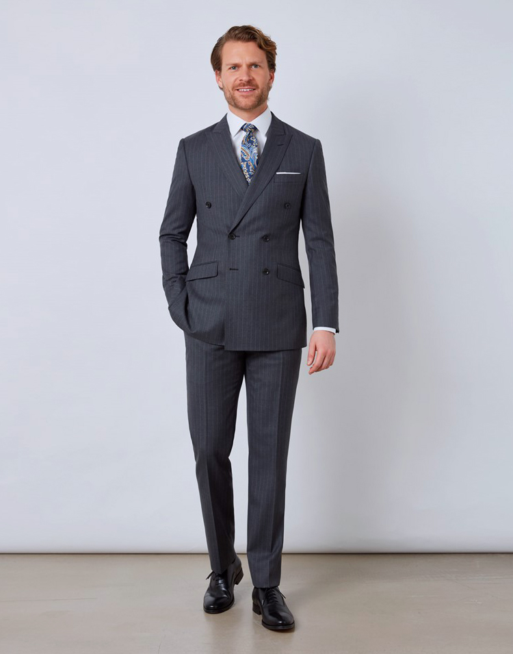 Double-breasted charcoal grey suit style