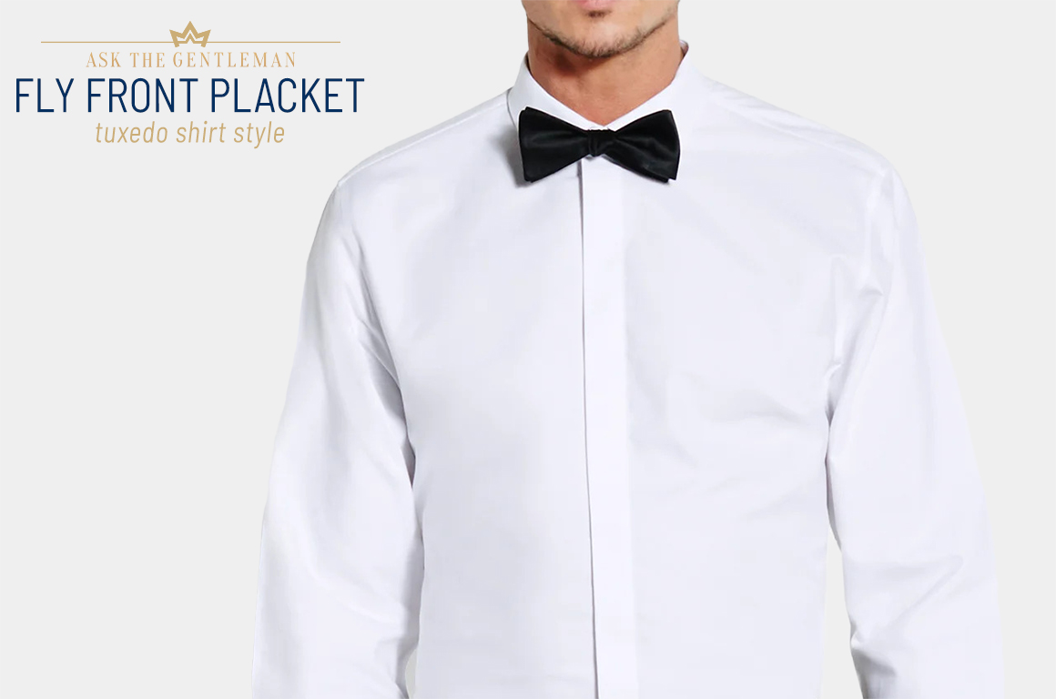 Fly-front covered placket tuxedo shirt style