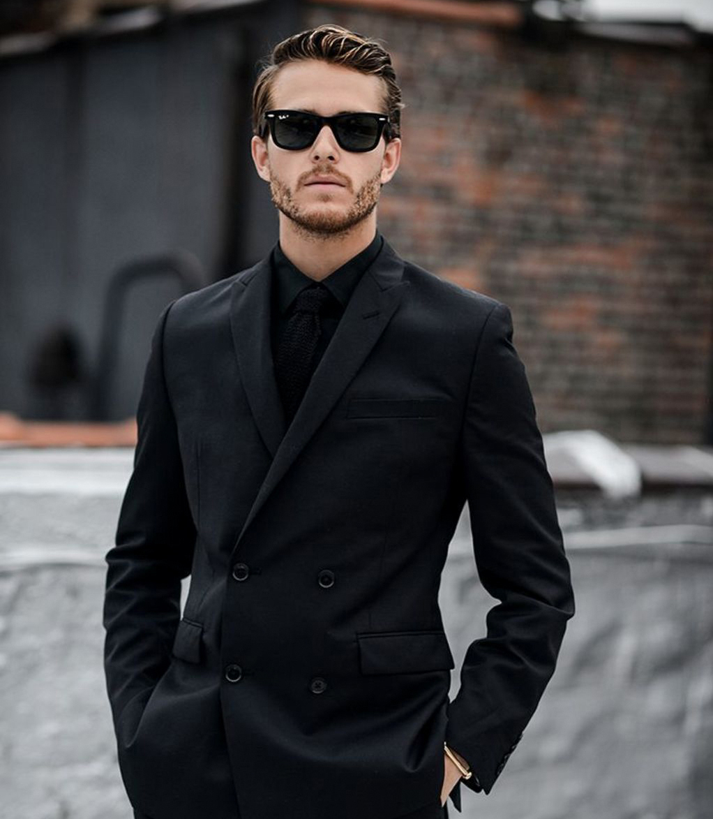 Funeral attire for men: black suit, black shirt, and black tie