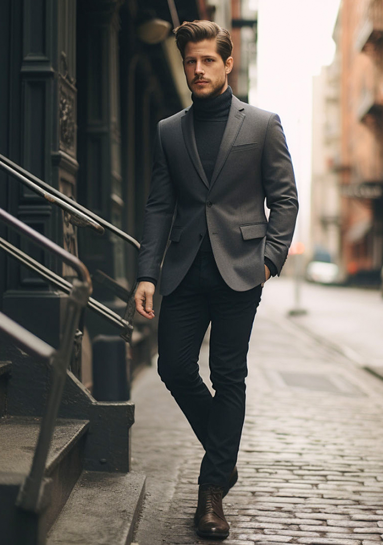 Grey blazer, black turtleneck, black pants, and dark brown dress boots