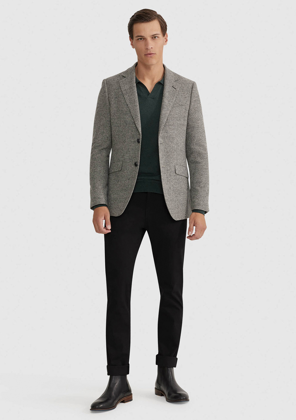 Dark grey blazer, light grey pants, black shirt, casual grey tie and black  shoes to kick off the mix and match a…