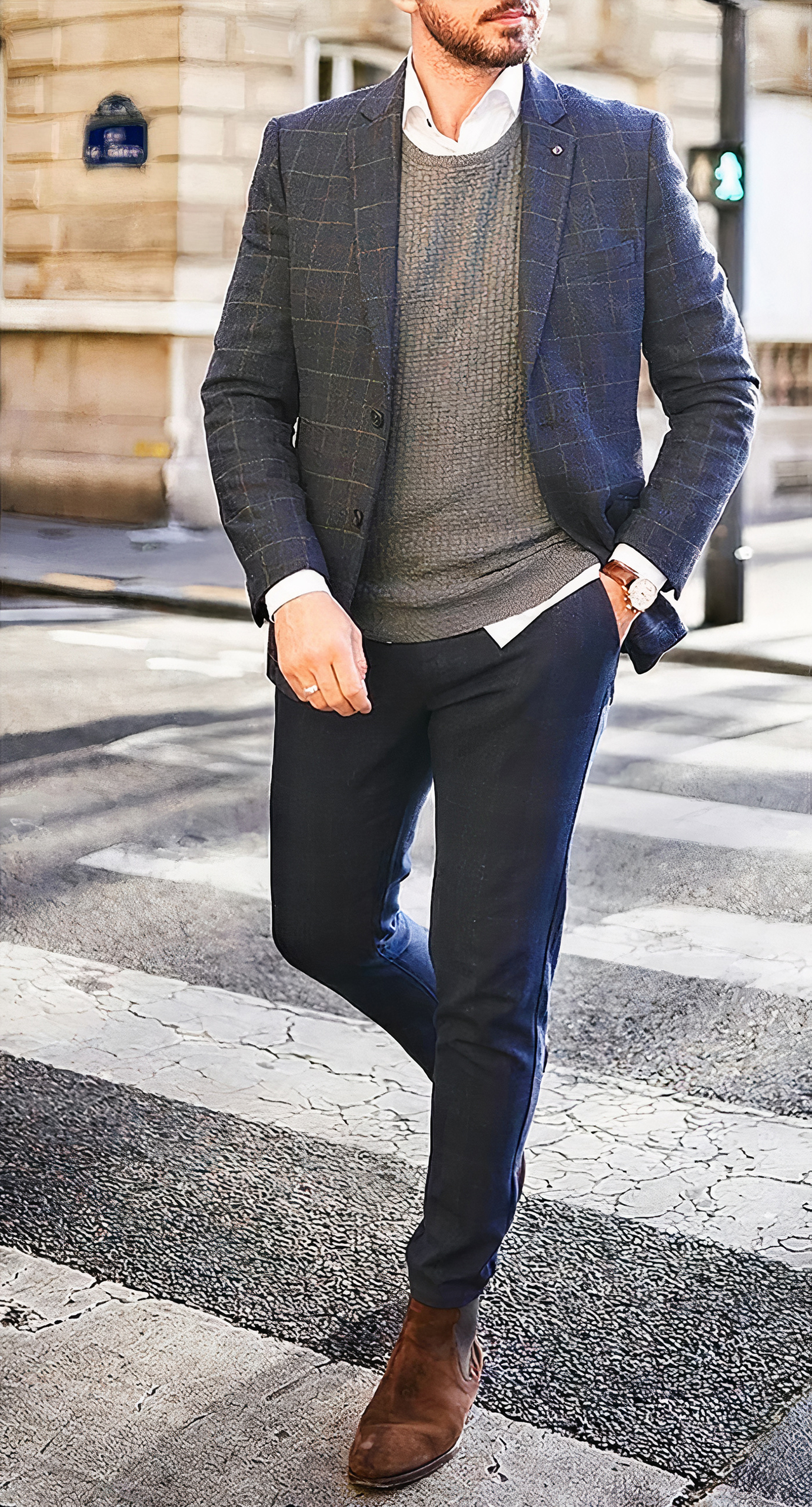 Business casual outfit: grey blazer, sweater, navy pants, and white shirt 