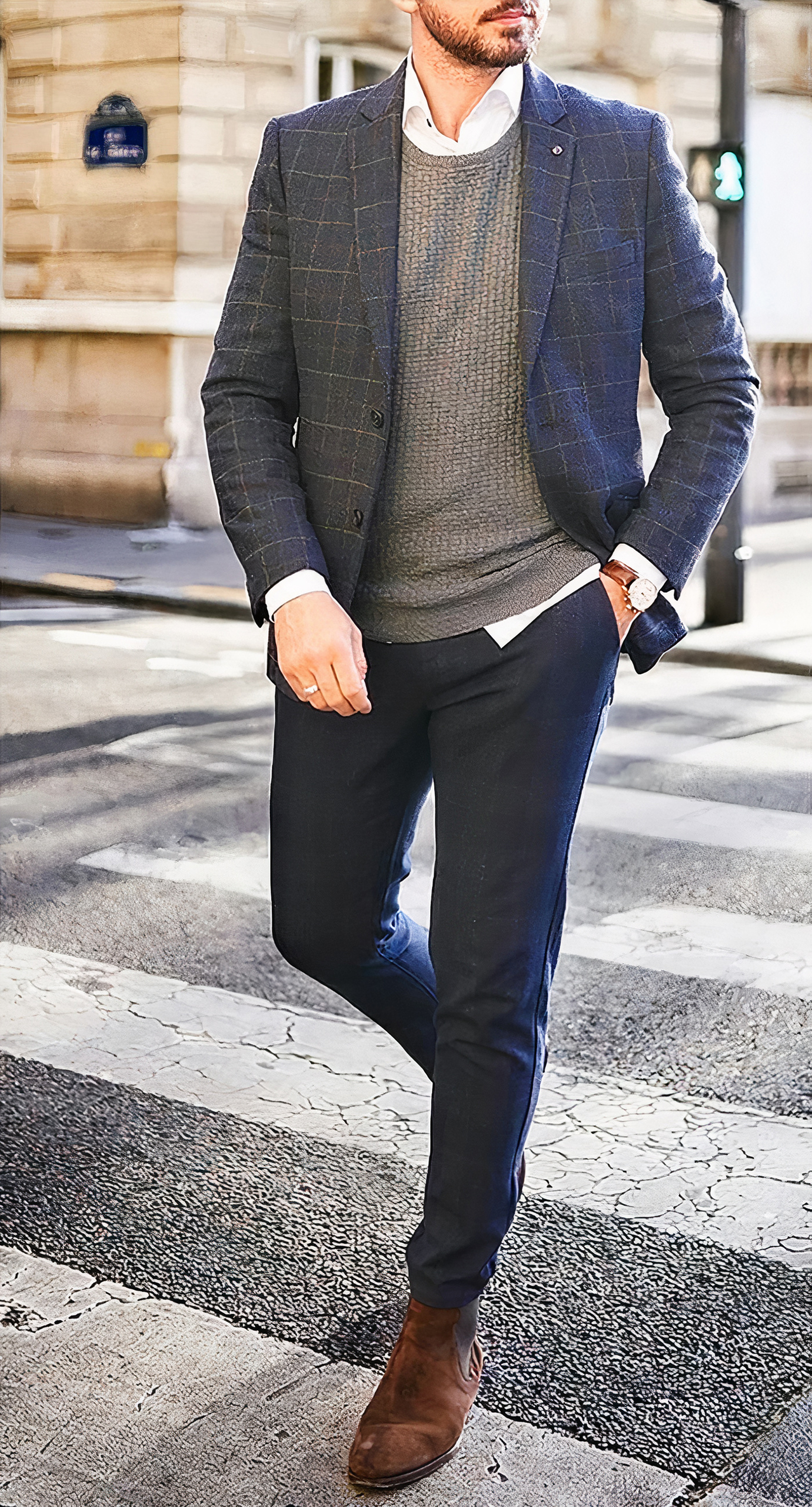 BrownsTailor  Back to the basics Navy jacket white shirt grey trousers brown  shoes and blue tie Adding a bit of twist with a POW check waistcoat           