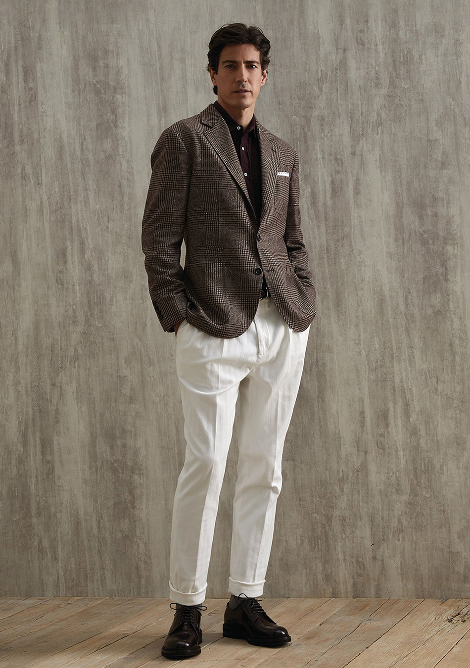 Grey plaid blazer, brow shirt, white chinos, and dark brown derbies