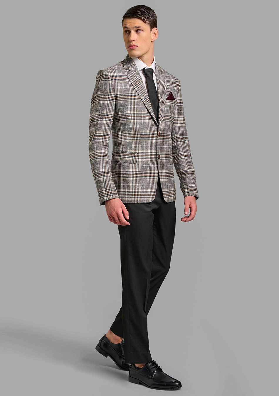 grey plaid blazer white dress shirt black tie black dress pants and black derby shoes