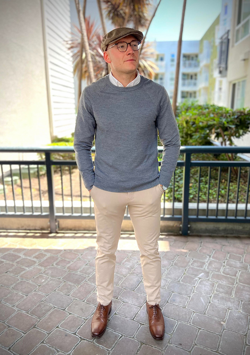 Grey sweater, tan pants, white OCBD, and brown oxford shoes