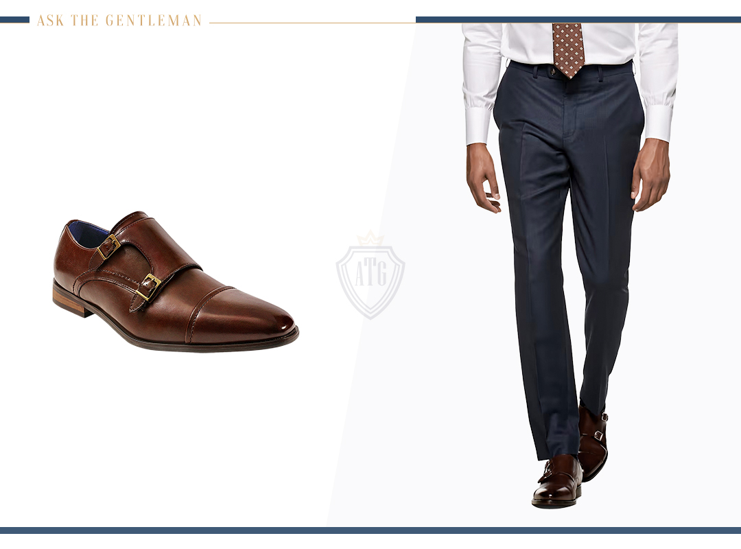 Match brown monk straps with navy suit pants