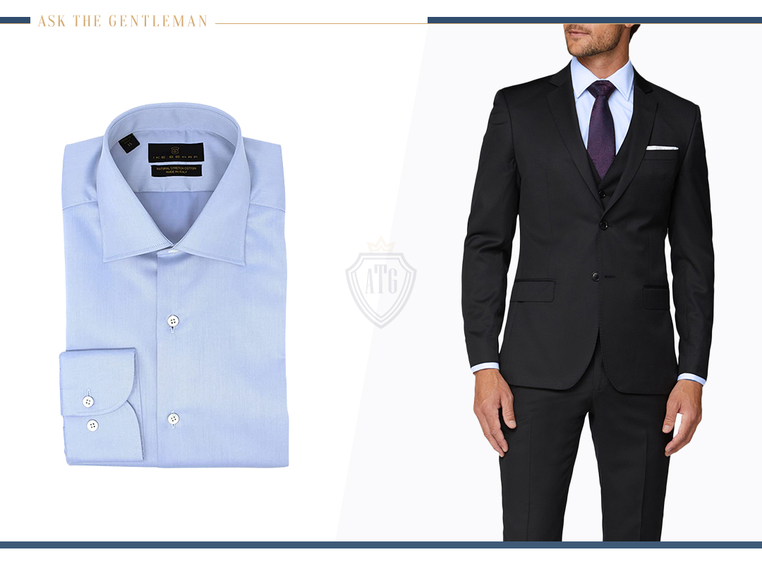How to wear a three-piece black suit with a light blue dress shirt