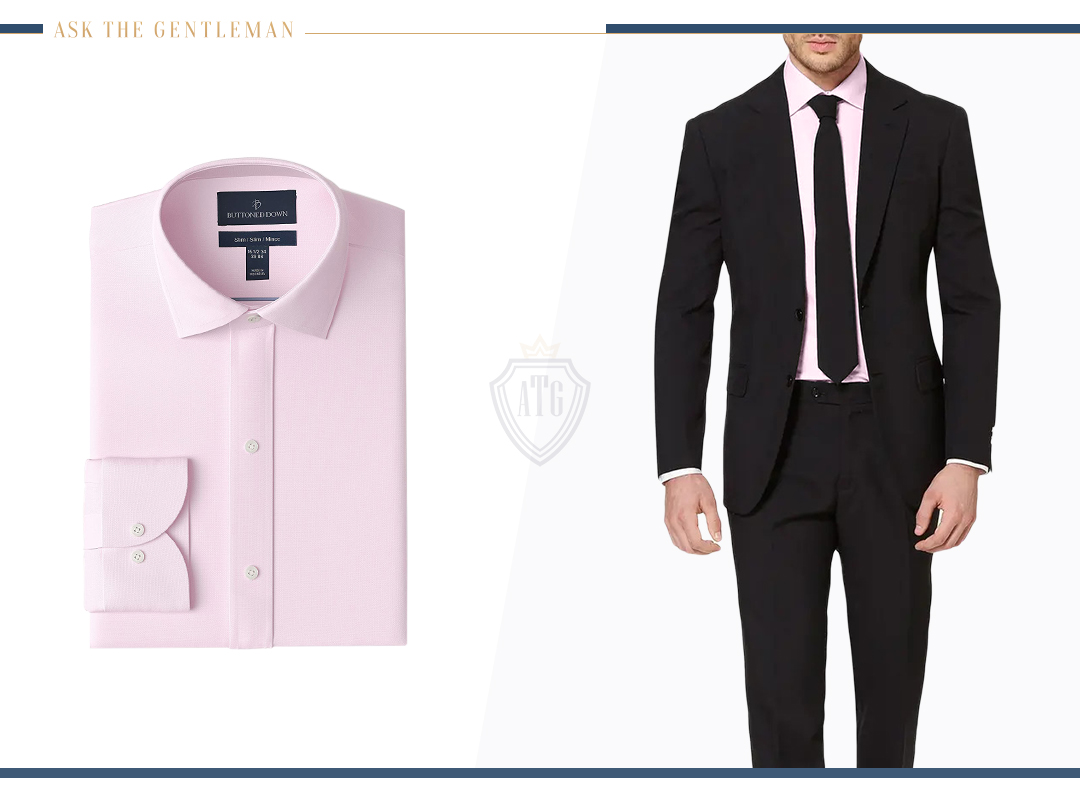 How to wear a black suit with a light pink dress shirt
