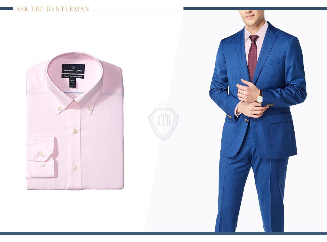 Blue suit pink store shirt