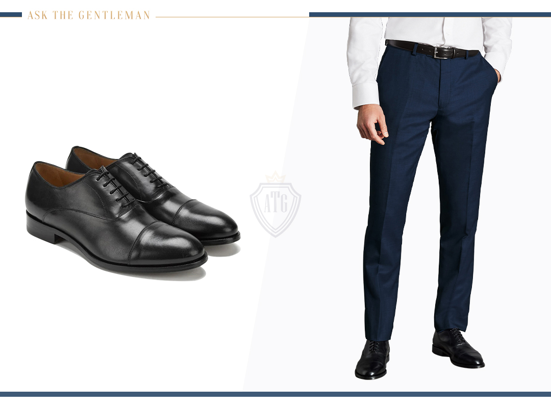 How to wear a blue suit with black Oxford dress shoes