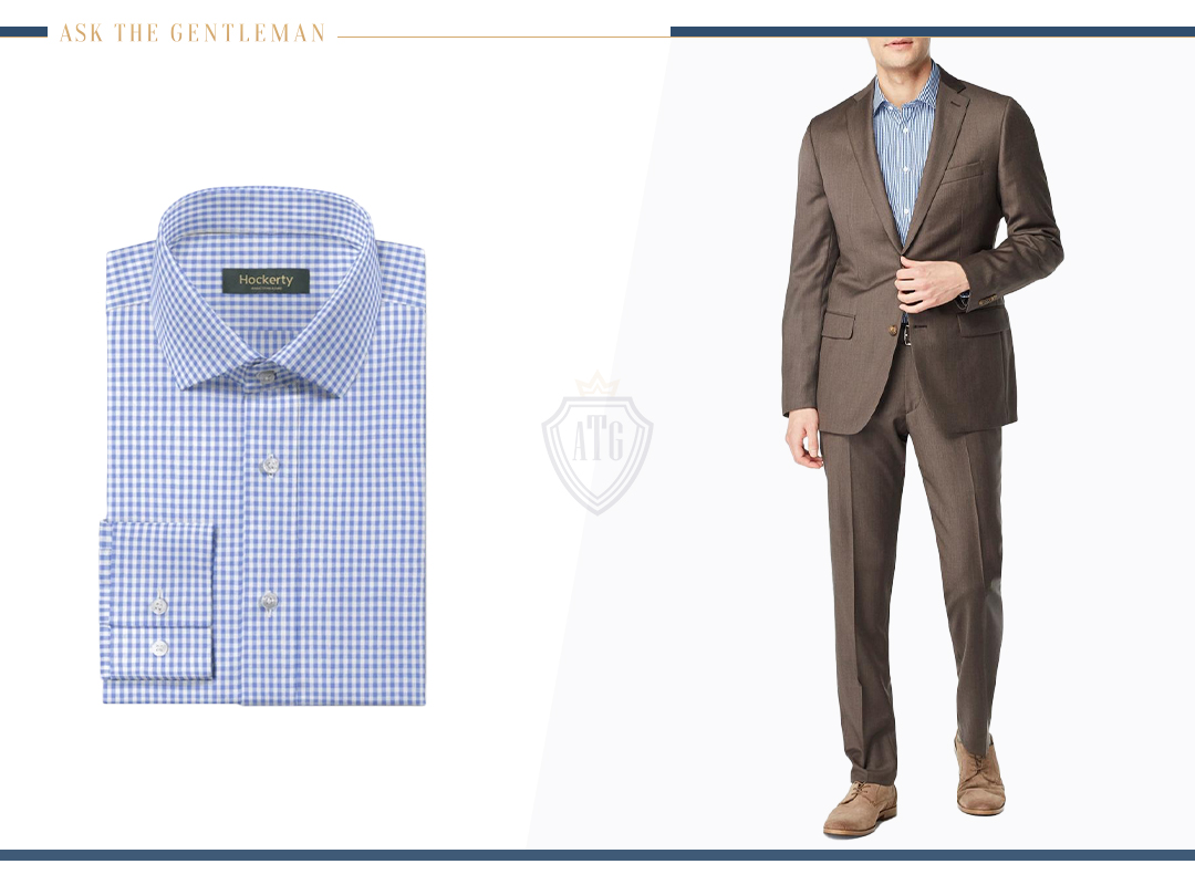 How to wear a brown suit with a blue patterned shirt
