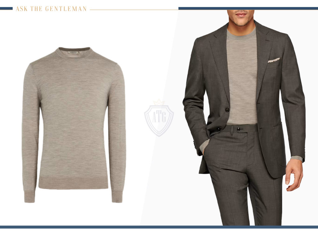 How to wear a crew neck sweater under a brown suit