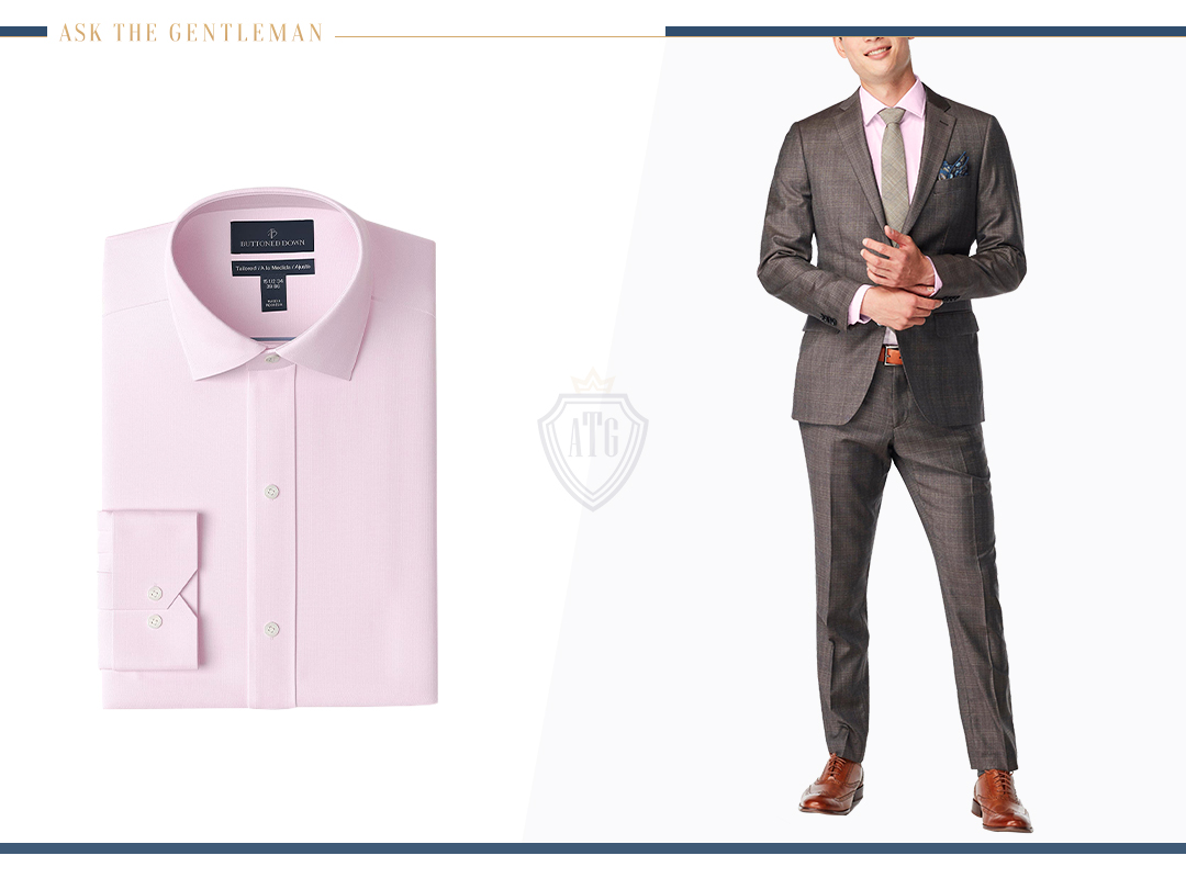 How to wear a brown suit with a light pink dress shirt