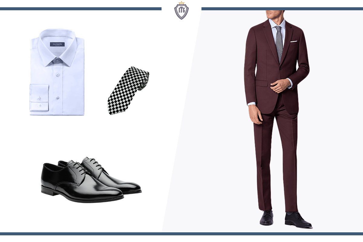 How to wear a burgundy suit with a light blue shirt, black derby shoes, and a tie