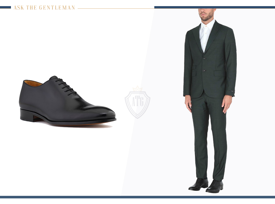 Dark green suit with black oxford dress shoes